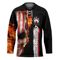 American Flag Skull Design Hockey Jersey with Bowling Elements and Fire Background with Custom Team Name Text - Wonder Print Shop