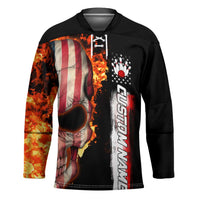 American Flag Skull Design Hockey Jersey with Bowling Elements and Fire Background with Custom Team Name Text - Wonder Print Shop