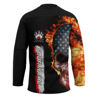 American Flag Skull Design Hockey Jersey with Bowling Elements and Fire Background with Custom Team Name Text - Wonder Print Shop