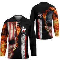American Flag Skull Design Hockey Jersey with Bowling Elements and Fire Background with Custom Team Name Text - Wonder Print Shop