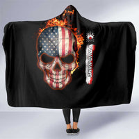 American Flag Skull Design Hooded Blanket with Bowling Elements and Fire Background with Custom Team Name Text - Wonder Print Shop