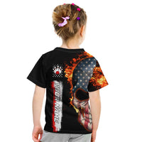 American Flag Skull Design Kid T Shirt with Bowling Elements and Fire Background with Custom Team Name Text - Wonder Print Shop