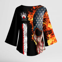 American Flag Skull Design Kimono Sleeve Blouse with Bowling Elements and Fire Background with Custom Team Name Text - Wonder Print Shop