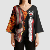 American Flag Skull Design Kimono Sleeve Blouse with Bowling Elements and Fire Background with Custom Team Name Text - Wonder Print Shop