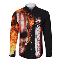 American Flag Skull Design Long Sleeve Button Shirt with Bowling Elements and Fire Background with Custom Team Name Text - Wonder Print Shop