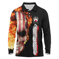 American Flag Skull Design Long Sleeve Polo Shirt with Bowling Elements and Fire Background with Custom Team Name Text - Wonder Print Shop