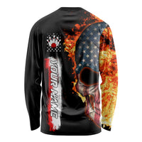 American Flag Skull Design Long Sleeve Shirt with Bowling Elements and Fire Background with Custom Team Name Text - Wonder Print Shop