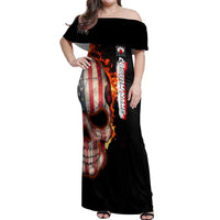 American Flag Skull Design Off Shoulder Maxi Dress with Bowling Elements and Fire Background with Custom Team Name Text - Wonder Print Shop