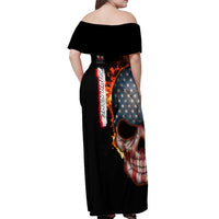 American Flag Skull Design Off Shoulder Maxi Dress with Bowling Elements and Fire Background with Custom Team Name Text - Wonder Print Shop