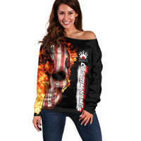 American Flag Skull Design Off Shoulder Sweater with Bowling Elements and Fire Background with Custom Team Name Text - Wonder Print Shop