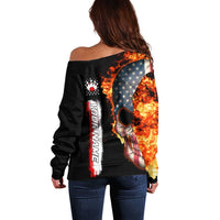 American Flag Skull Design Off Shoulder Sweater with Bowling Elements and Fire Background with Custom Team Name Text - Wonder Print Shop
