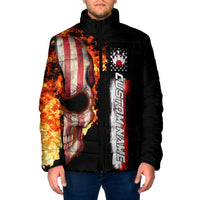 American Flag Skull Design Padded Jacket with Bowling Elements and Fire Background with Custom Team Name Text - Wonder Print Shop
