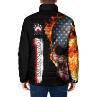American Flag Skull Design Padded Jacket with Bowling Elements and Fire Background with Custom Team Name Text - Wonder Print Shop