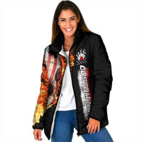 American Flag Skull Design Padded Jacket with Bowling Elements and Fire Background with Custom Team Name Text - Wonder Print Shop