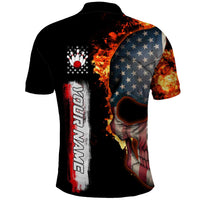 American Flag Skull Design Polo Shirt with Bowling Elements and Fire Background with Custom Team Name Text - Wonder Print Shop