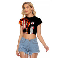 American Flag Skull Design Raglan Cropped T Shirt with Bowling Elements and Fire Background with Custom Team Name Text - Wonder Print Shop
