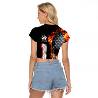 American Flag Skull Design Raglan Cropped T Shirt with Bowling Elements and Fire Background with Custom Team Name Text - Wonder Print Shop