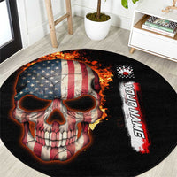 American Flag Skull Design Round Carpet with Bowling Elements and Fire Background with Custom Team Name Text - Wonder Print Shop