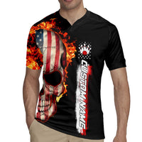 American Flag Skull Design Rugby Jersey with Bowling Elements and Fire Background with Custom Team Name Text - Wonder Print Shop