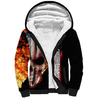 American Flag Skull Design Sherpa Hoodie with Bowling Elements and Fire Background with Custom Team Name Text - Wonder Print Shop