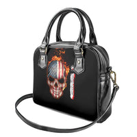American Flag Skull Design Shoulder Handbag with Bowling Elements and Fire Background with Custom Team Name Text - Wonder Print Shop