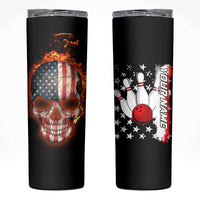 American Flag Skull Design Skinny Tumbler with Bowling Elements and Fire Background with Custom Team Name Text - Wonder Print Shop