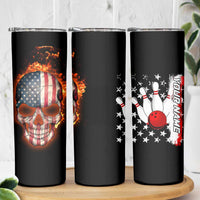 American Flag Skull Design Skinny Tumbler with Bowling Elements and Fire Background with Custom Team Name Text - Wonder Print Shop