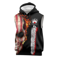 American Flag Skull Design Sleeveless Hoodie with Bowling Elements and Fire Background with Custom Team Name Text - Wonder Print Shop