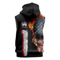 American Flag Skull Design Sleeveless Hoodie with Bowling Elements and Fire Background with Custom Team Name Text - Wonder Print Shop