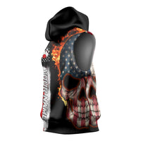 American Flag Skull Design Sleeveless Hoodie with Bowling Elements and Fire Background with Custom Team Name Text - Wonder Print Shop