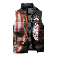 American Flag Skull Design Sleeveless Puffer Jacket with Bowling Elements and Fire Background with Custom Team Name Text - Wonder Print Shop