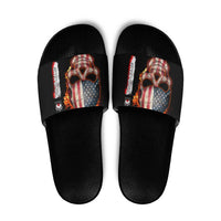 American Flag Skull Design Slide Sandals with Bowling Elements and Fire Background with Custom Team Name Text - Wonder Print Shop