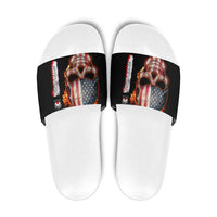 American Flag Skull Design Slide Sandals with Bowling Elements and Fire Background with Custom Team Name Text - Wonder Print Shop