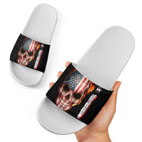 American Flag Skull Design Slide Sandals with Bowling Elements and Fire Background with Custom Team Name Text - Wonder Print Shop