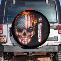 American Flag Skull Design Spare Tire Cover with Bowling Elements and Fire Background with Custom Team Name Text - Wonder Print Shop