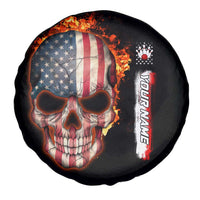 American Flag Skull Design Spare Tire Cover with Bowling Elements and Fire Background with Custom Team Name Text - Wonder Print Shop