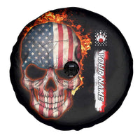 American Flag Skull Design Spare Tire Cover with Bowling Elements and Fire Background with Custom Team Name Text - Wonder Print Shop