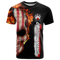 American Flag Skull Design T Shirt with Bowling Elements and Fire Background with Custom Team Name Text - Wonder Print Shop