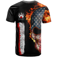 American Flag Skull Design T Shirt with Bowling Elements and Fire Background with Custom Team Name Text - Wonder Print Shop