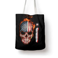 American Flag Skull Design Tote Bag with Bowling Elements and Fire Background with Custom Team Name Text - Wonder Print Shop