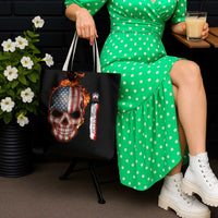 American Flag Skull Design Tote Bag with Bowling Elements and Fire Background with Custom Team Name Text - Wonder Print Shop