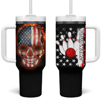 American Flag Skull Design Tumbler With Handle with Bowling Elements and Fire Background with Custom Team Name Text - Wonder Print Shop