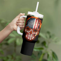 American Flag Skull Design Tumbler With Handle with Bowling Elements and Fire Background with Custom Team Name Text - Wonder Print Shop