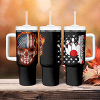 American Flag Skull Design Tumbler With Handle with Bowling Elements and Fire Background with Custom Team Name Text - Wonder Print Shop
