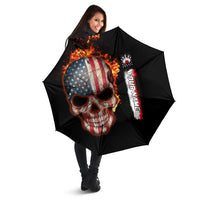 American Flag Skull Design Umbrella with Bowling Elements and Fire Background with Custom Team Name Text - Wonder Print Shop