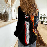 American Flag Skull Design Women Casual Shirt with Bowling Elements and Fire Background with Custom Team Name Text - Wonder Print Shop