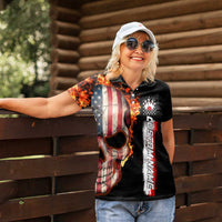 American Flag Skull Design Women Polo Shirt with Bowling Elements and Fire Background with Custom Team Name Text - Wonder Print Shop