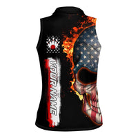 American Flag Skull Design Women Sleeveless Polo Shirt with Bowling Elements and Fire Background with Custom Team Name Text - Wonder Print Shop
