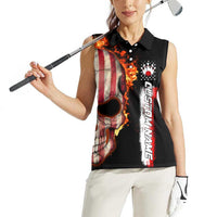 American Flag Skull Design Women Sleeveless Polo Shirt with Bowling Elements and Fire Background with Custom Team Name Text - Wonder Print Shop