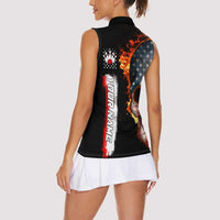 American Flag Skull Design Women Sleeveless Polo Shirt with Bowling Elements and Fire Background with Custom Team Name Text - Wonder Print Shop